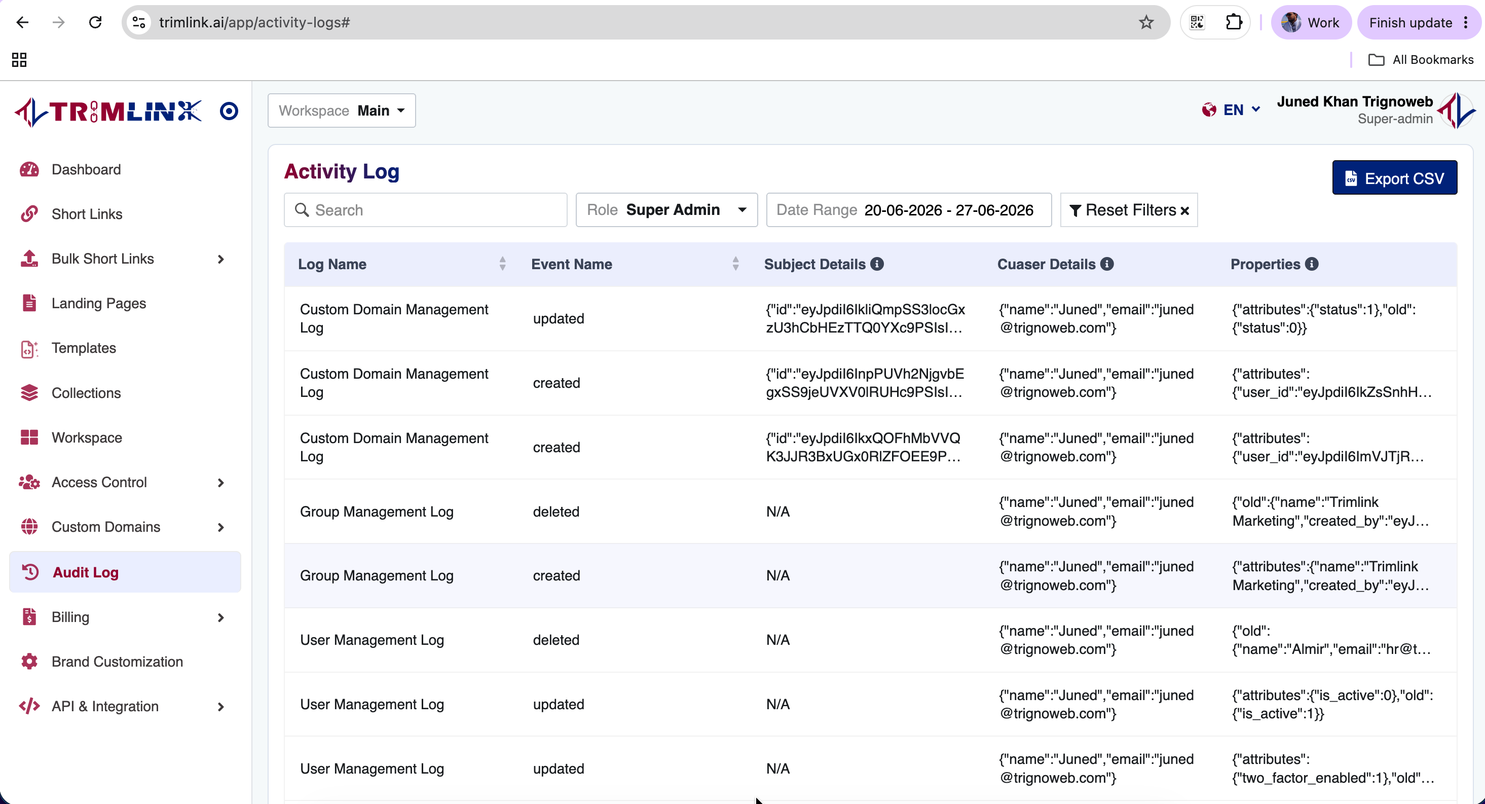 Audit Log settings panel