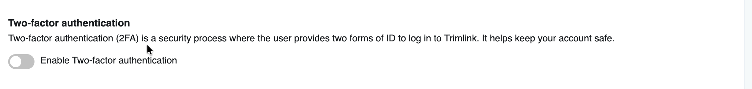 Profile settings panel showing the Enable Two-Factor Authentication toggle