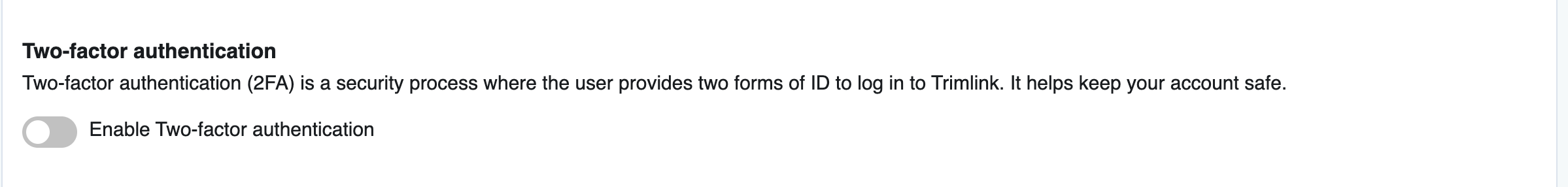 Two-factor authentication toggle setting