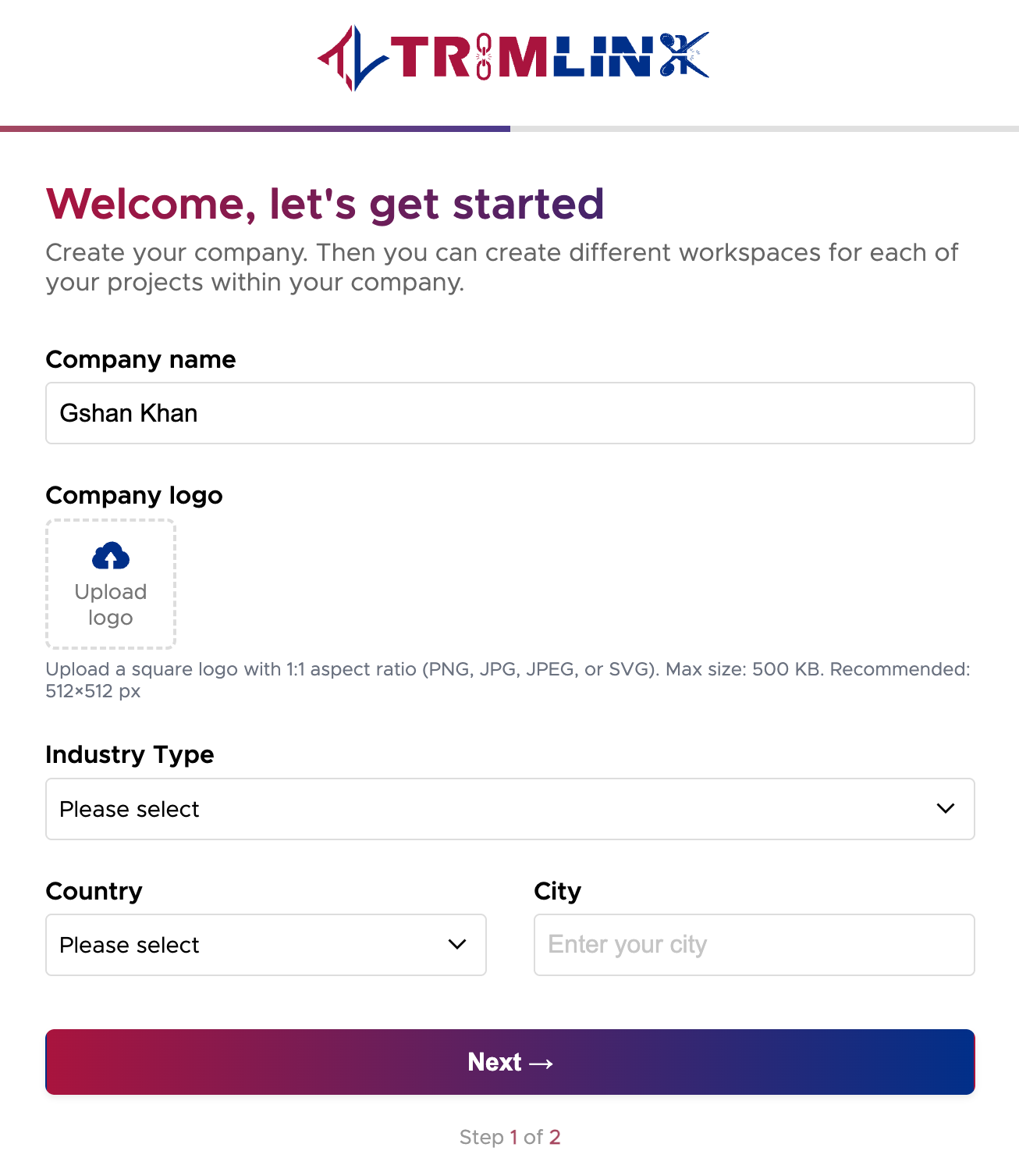 Company Profile Setup step requiring business details and logo