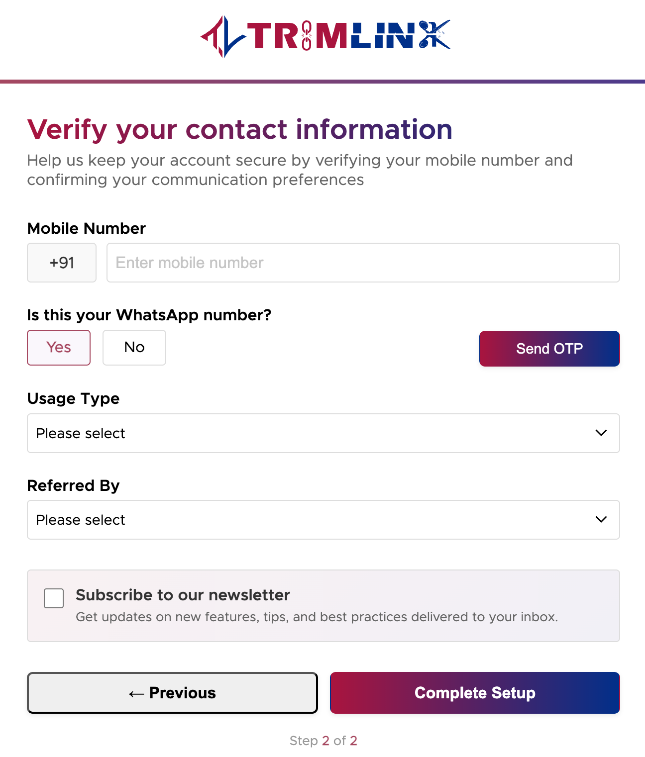 Contact Information Setup step requiring phone number and usage intent
