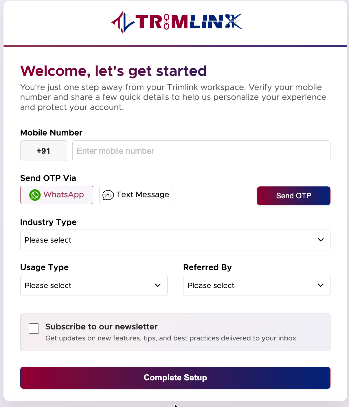 Trimlink account setup form for mobile verification and workspace configuration