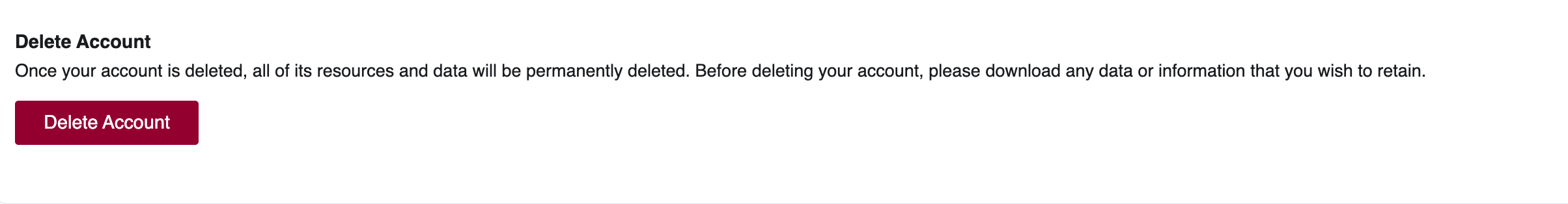 Delete Account section showing the warning and button