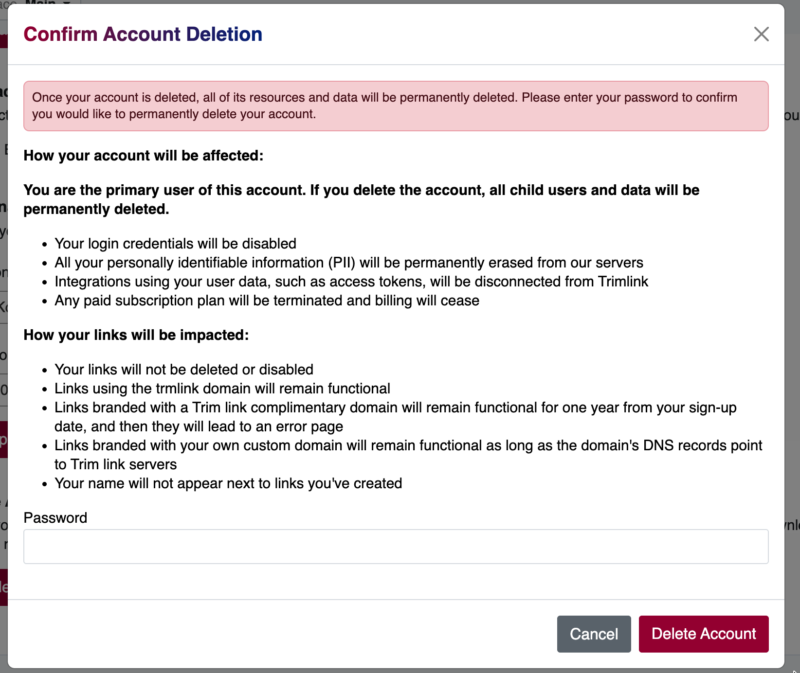 Delete Account section showing the warning and button