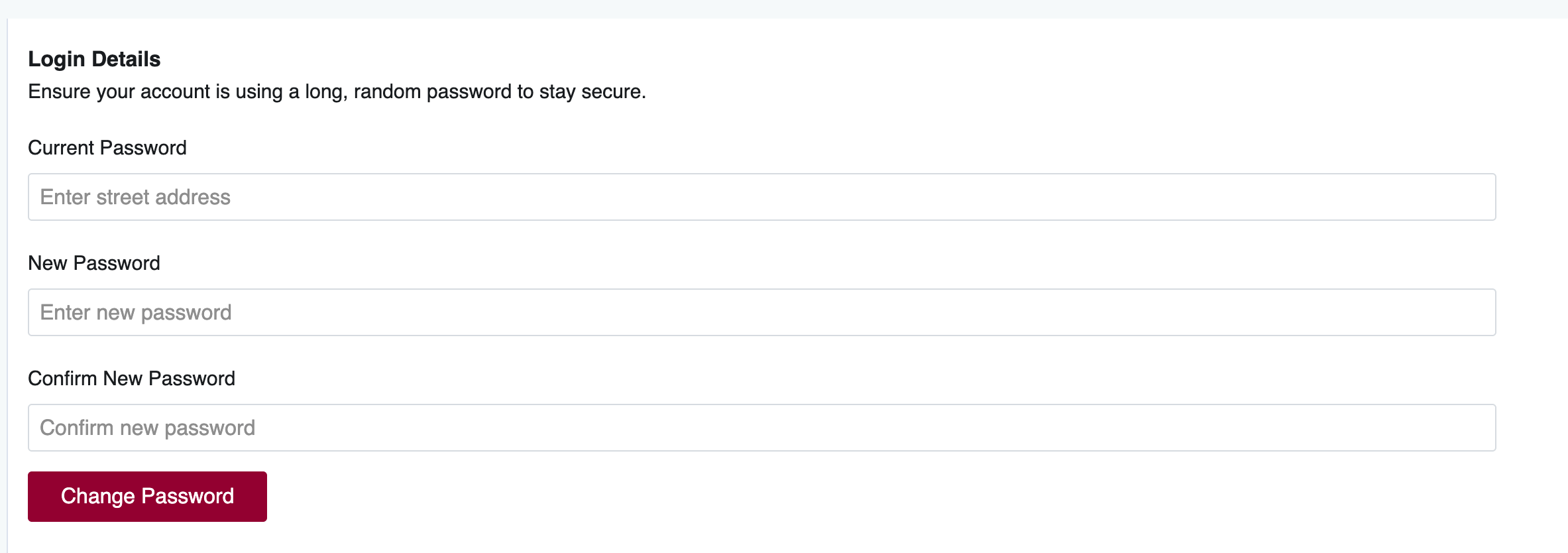 Login Details settings panel for password changes