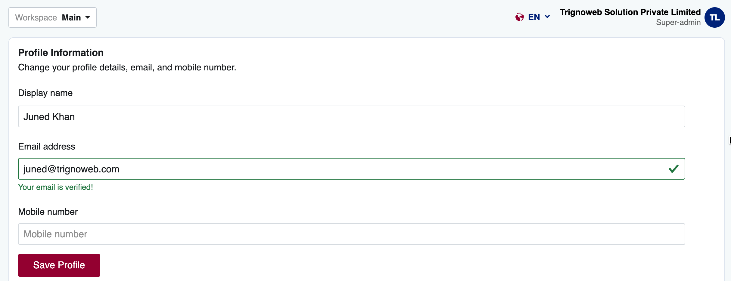 Profile Information settings panel