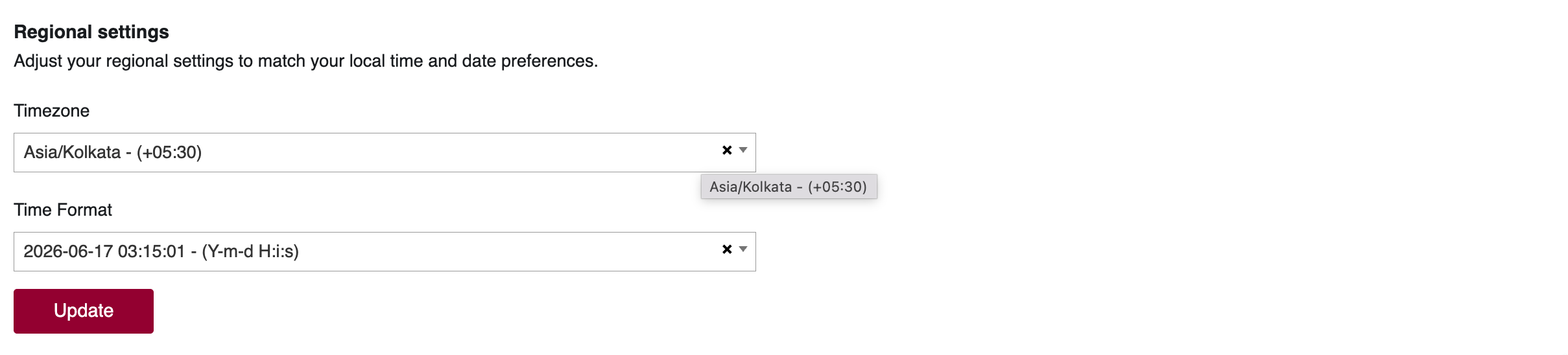 Regional settings panel for timezone and date formatting