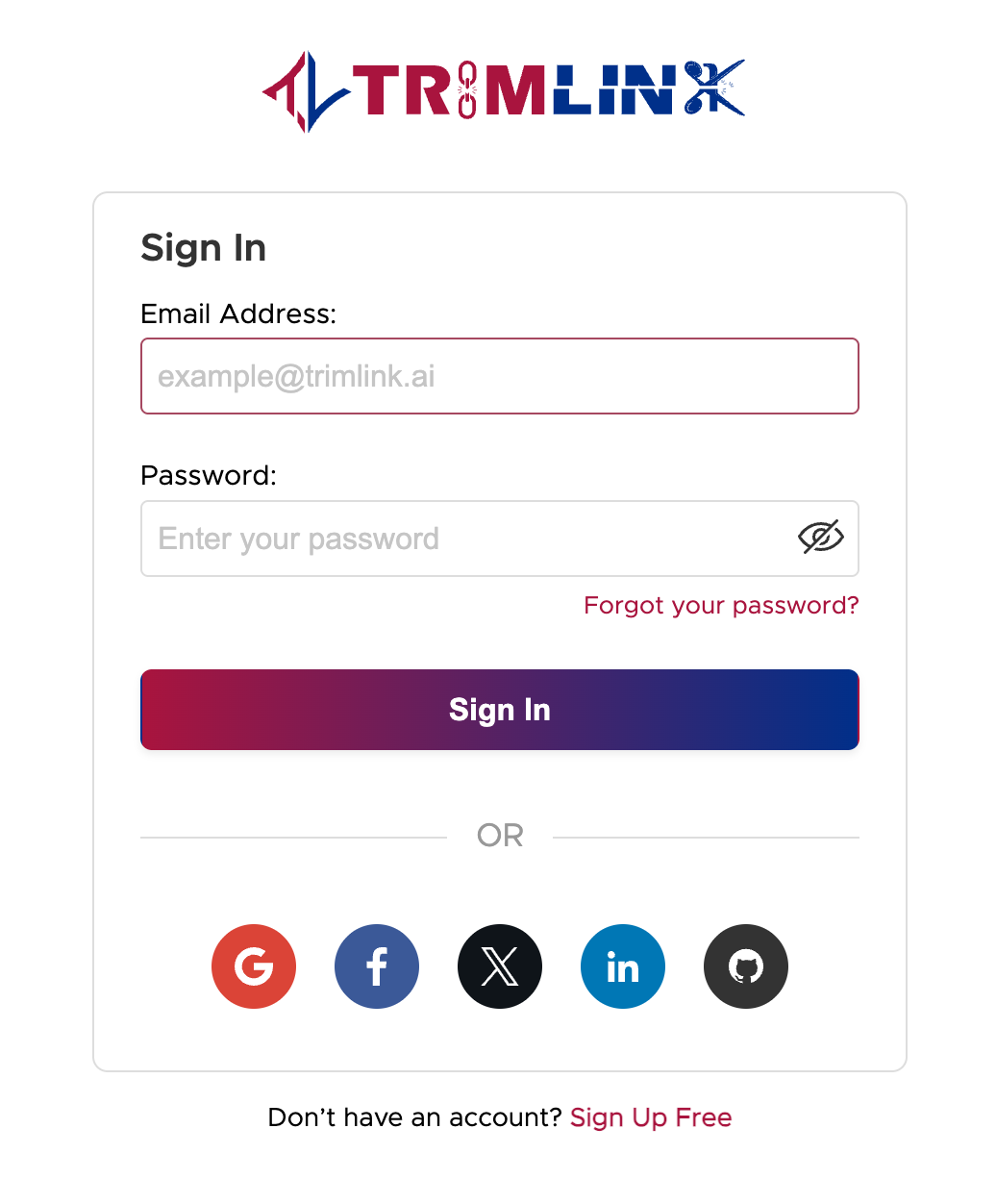 Trimlink Sign-In Form highlighting social and manual authentication options
