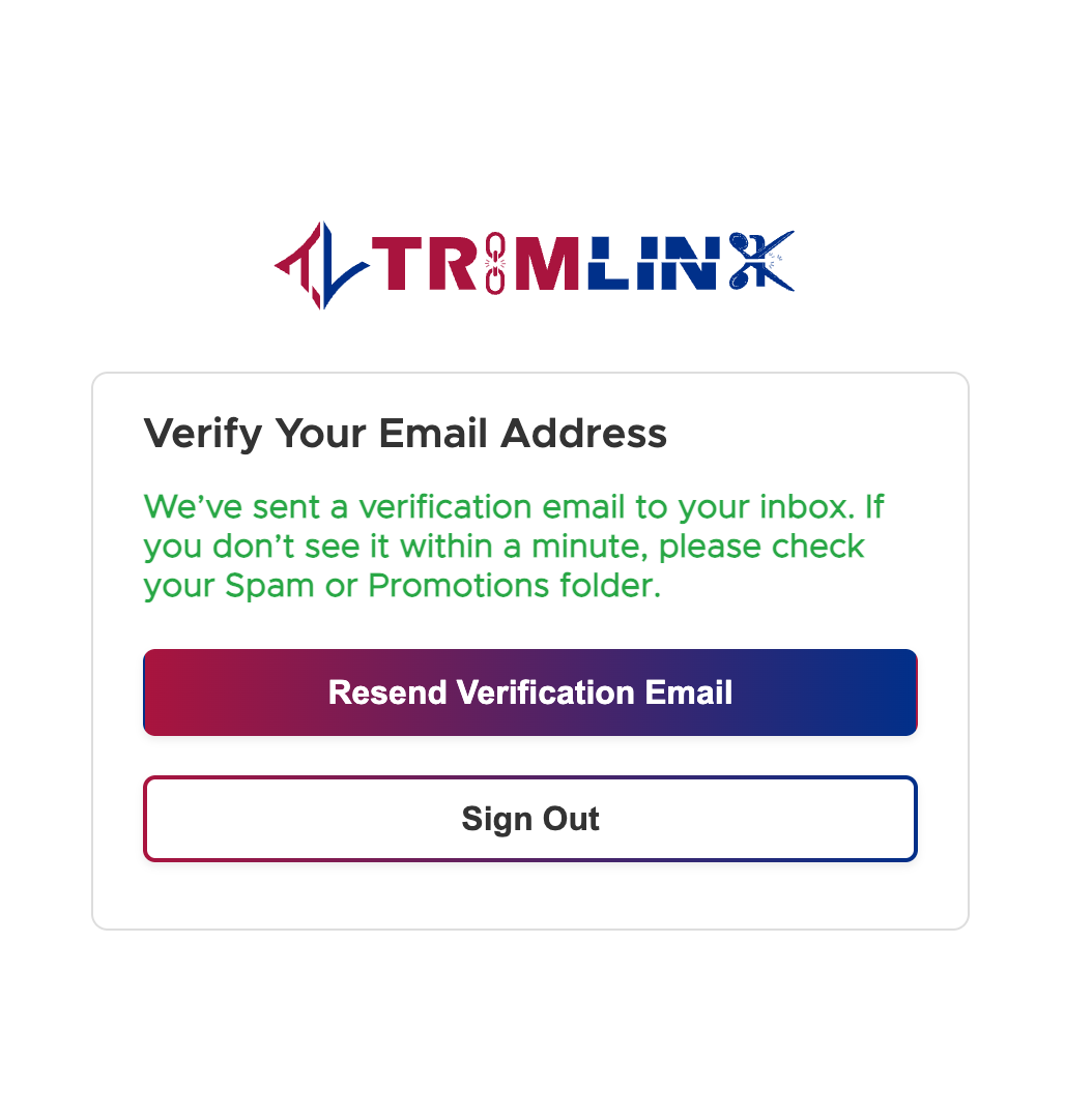 Email Verification Screen indicating a verification link was sent