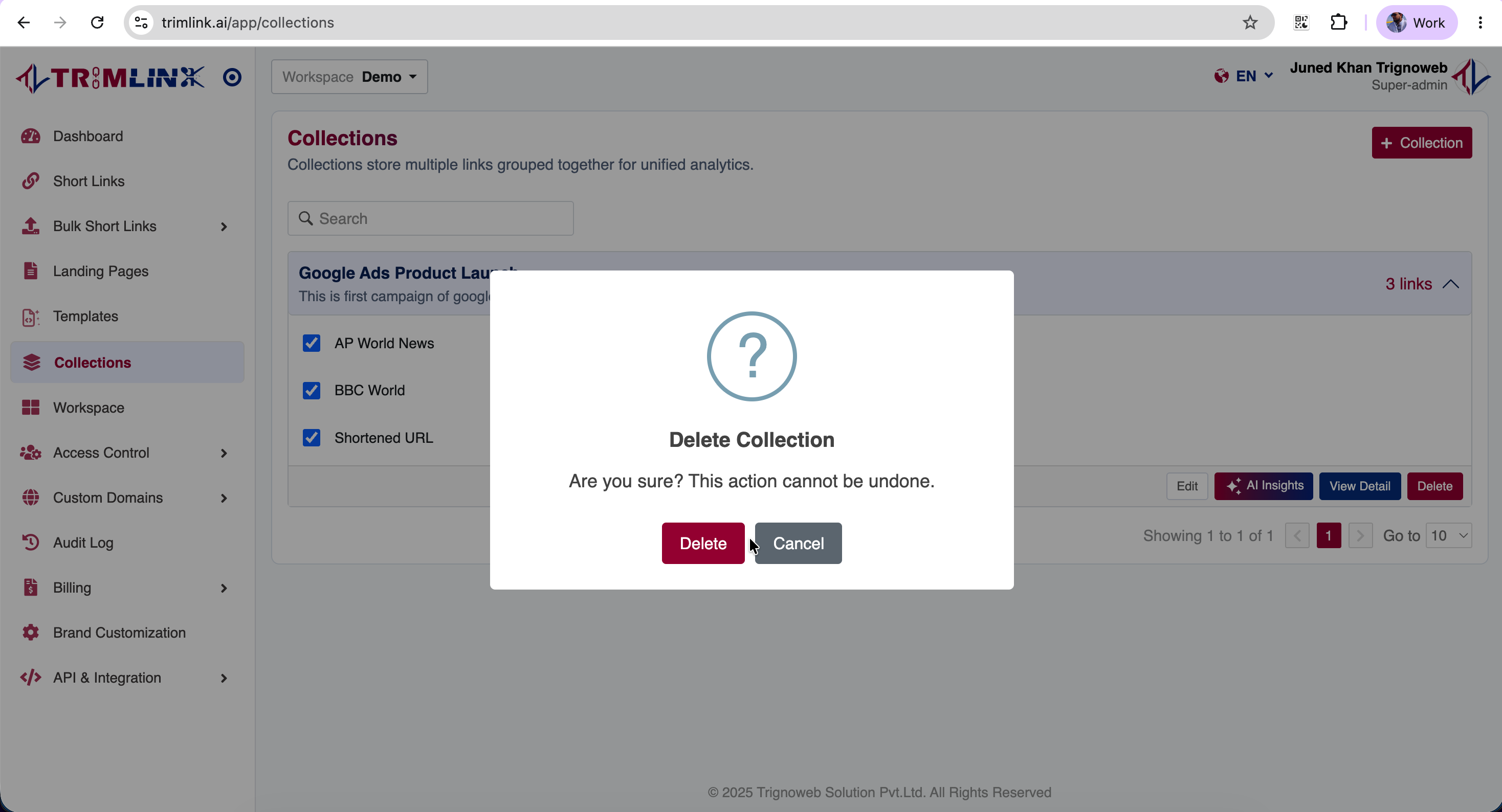Delete Collection settings panel