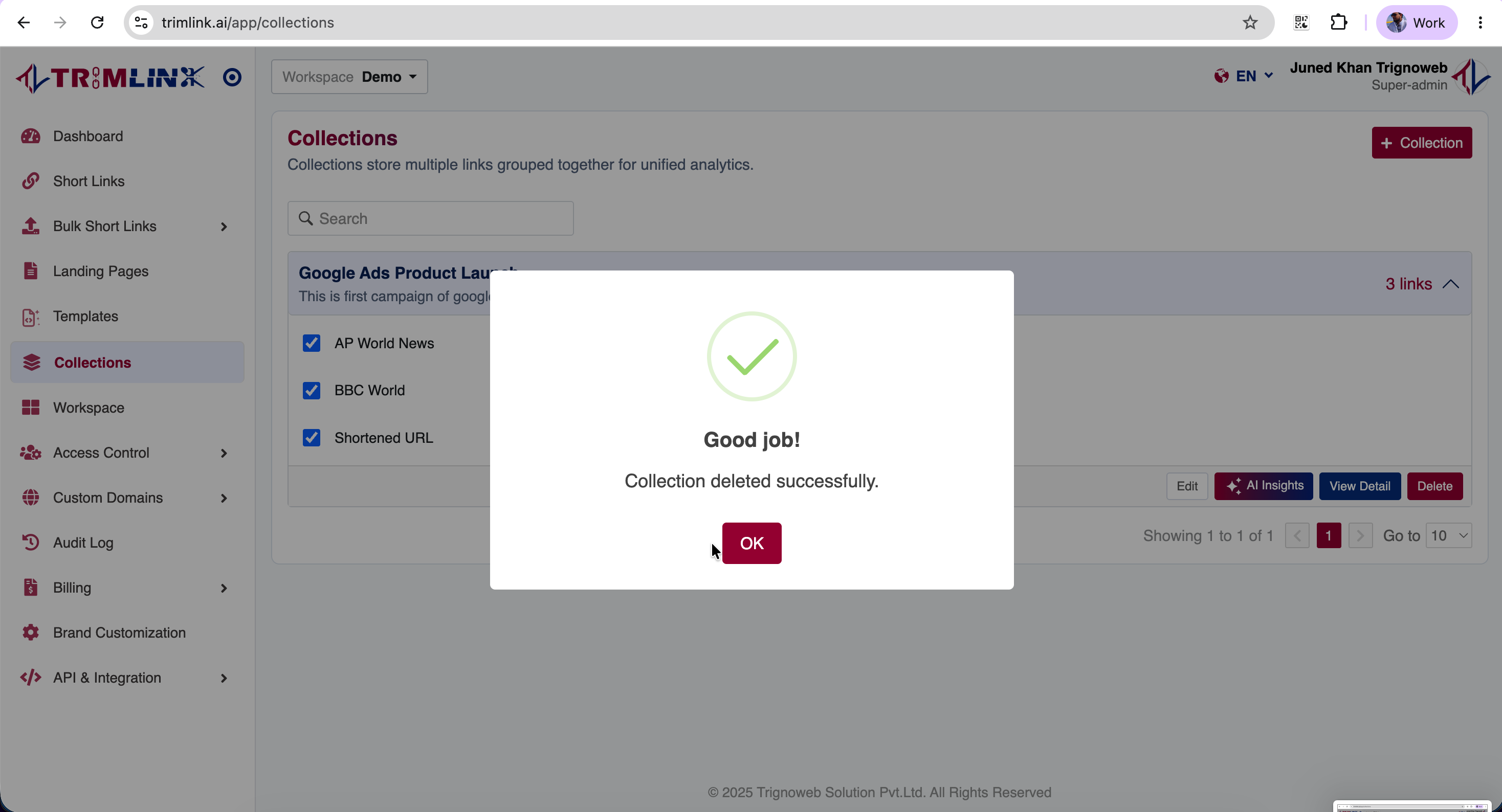 Delete Collection settings panel