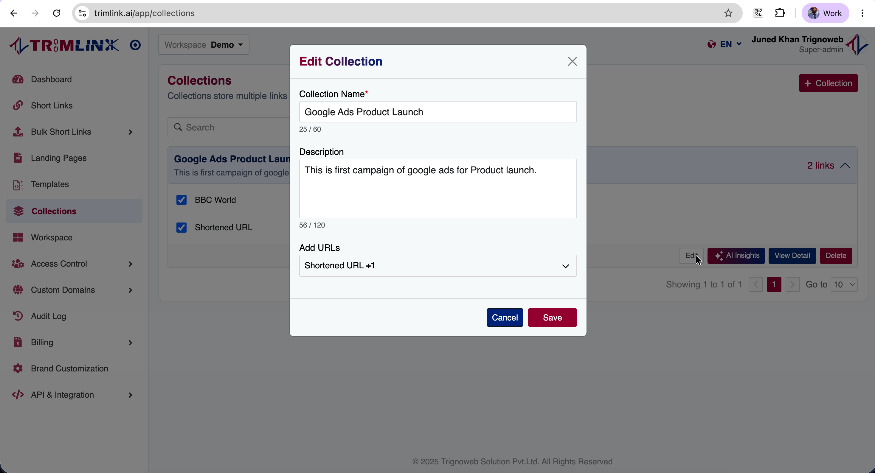 Edit Collection settings panel