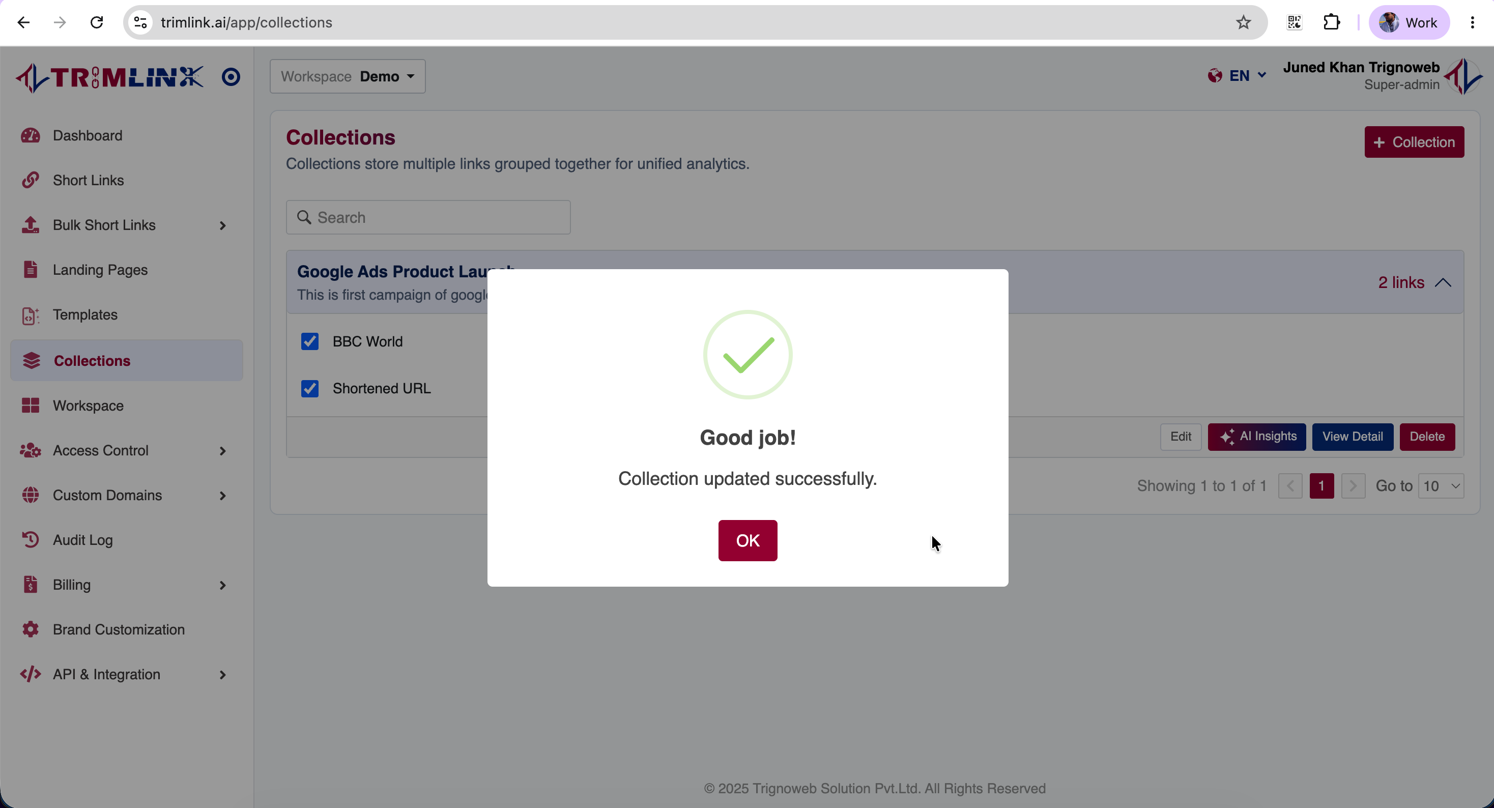 Update Collection settings panel