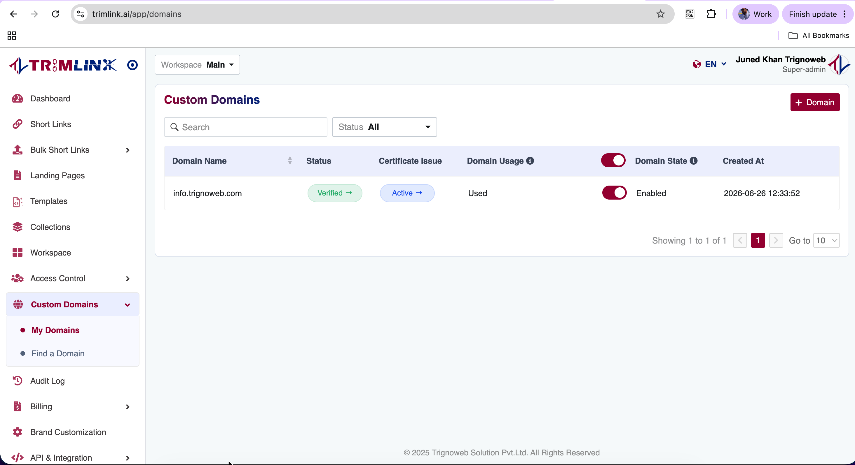 Trimlink CNAME Verification Success