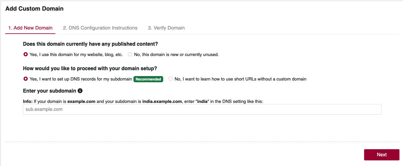 Add Domain Step 2 - Subdomain Entry