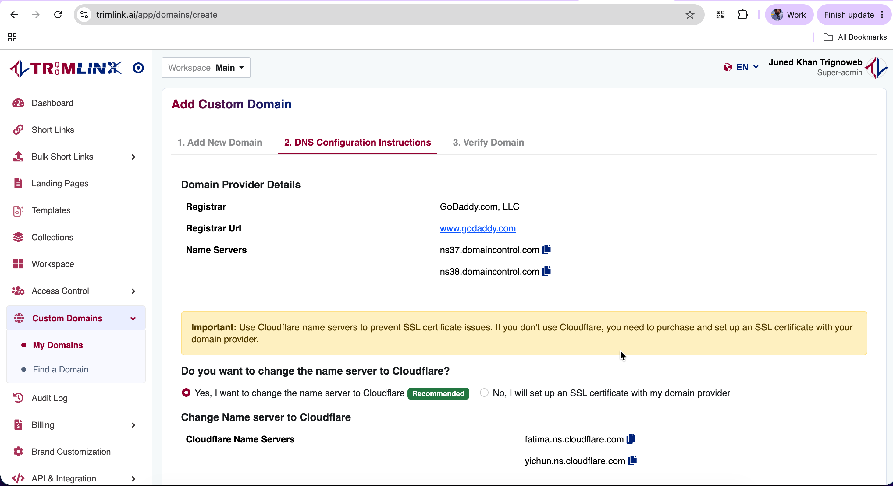 Add Domain Step 2 - Root Domain Entry