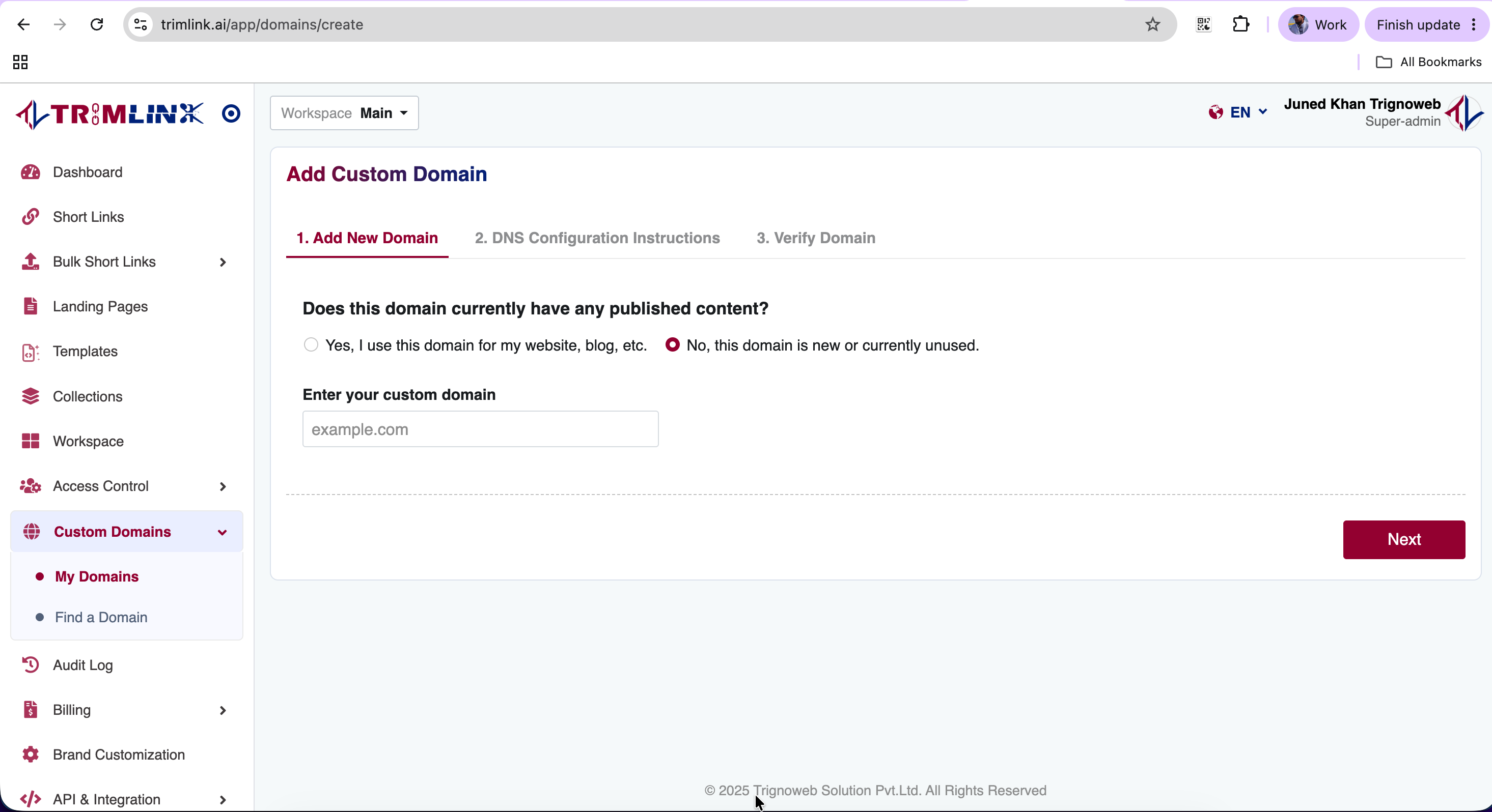 Add Domain Step 1 - Domain Selection
