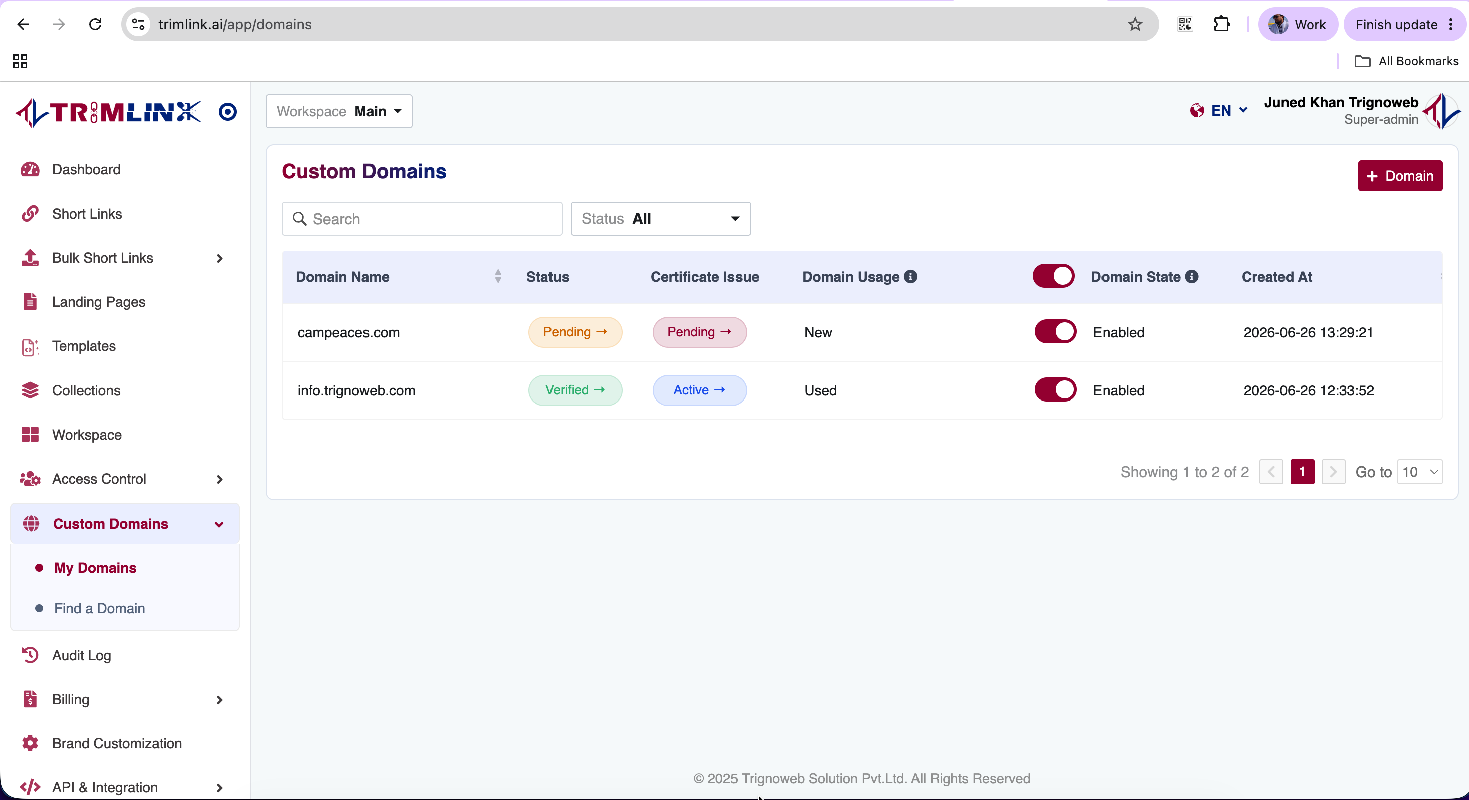 Trimlink A Record Configuration Screen