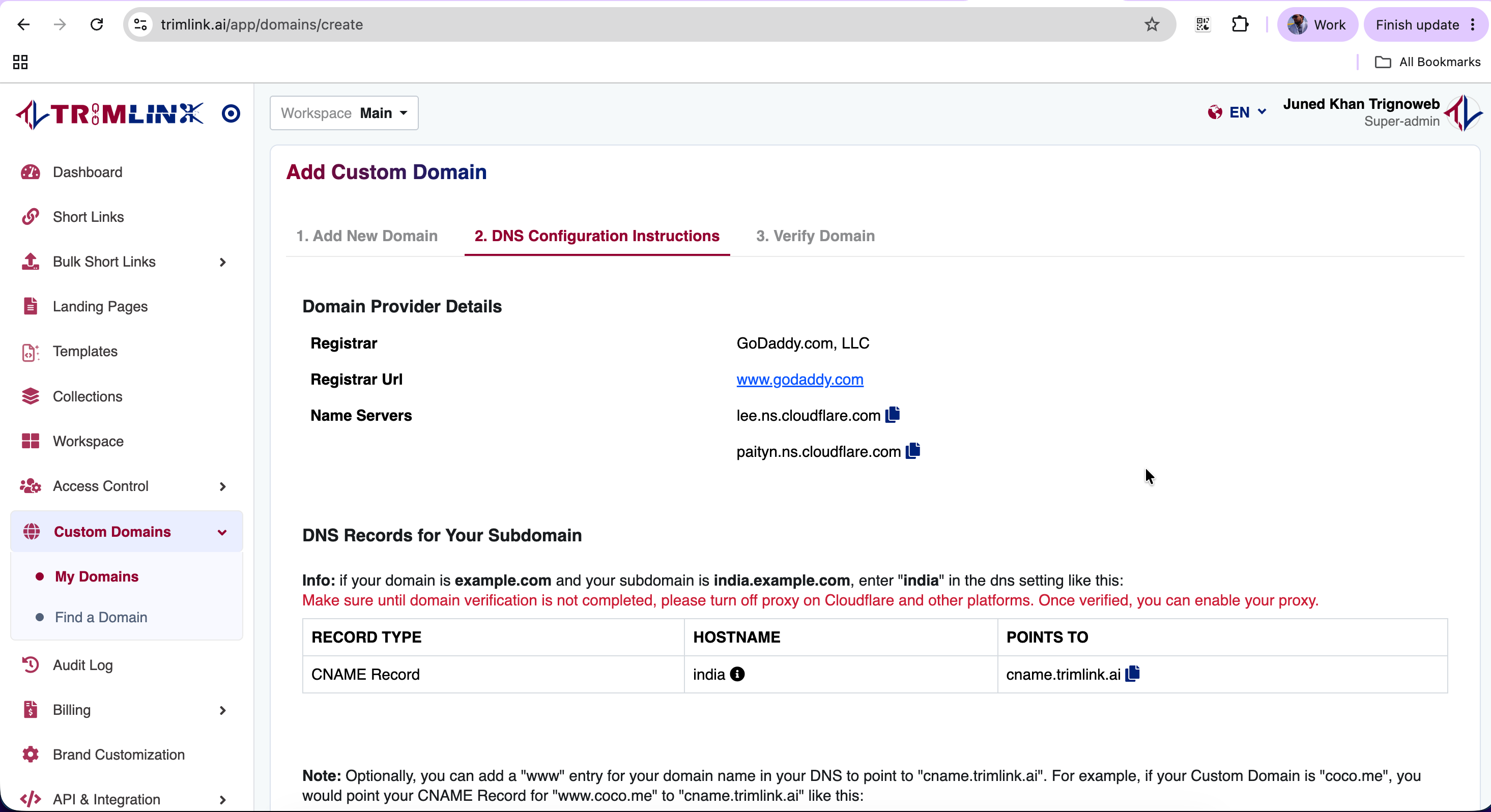 Trimlink CNAME Configuration Screen
