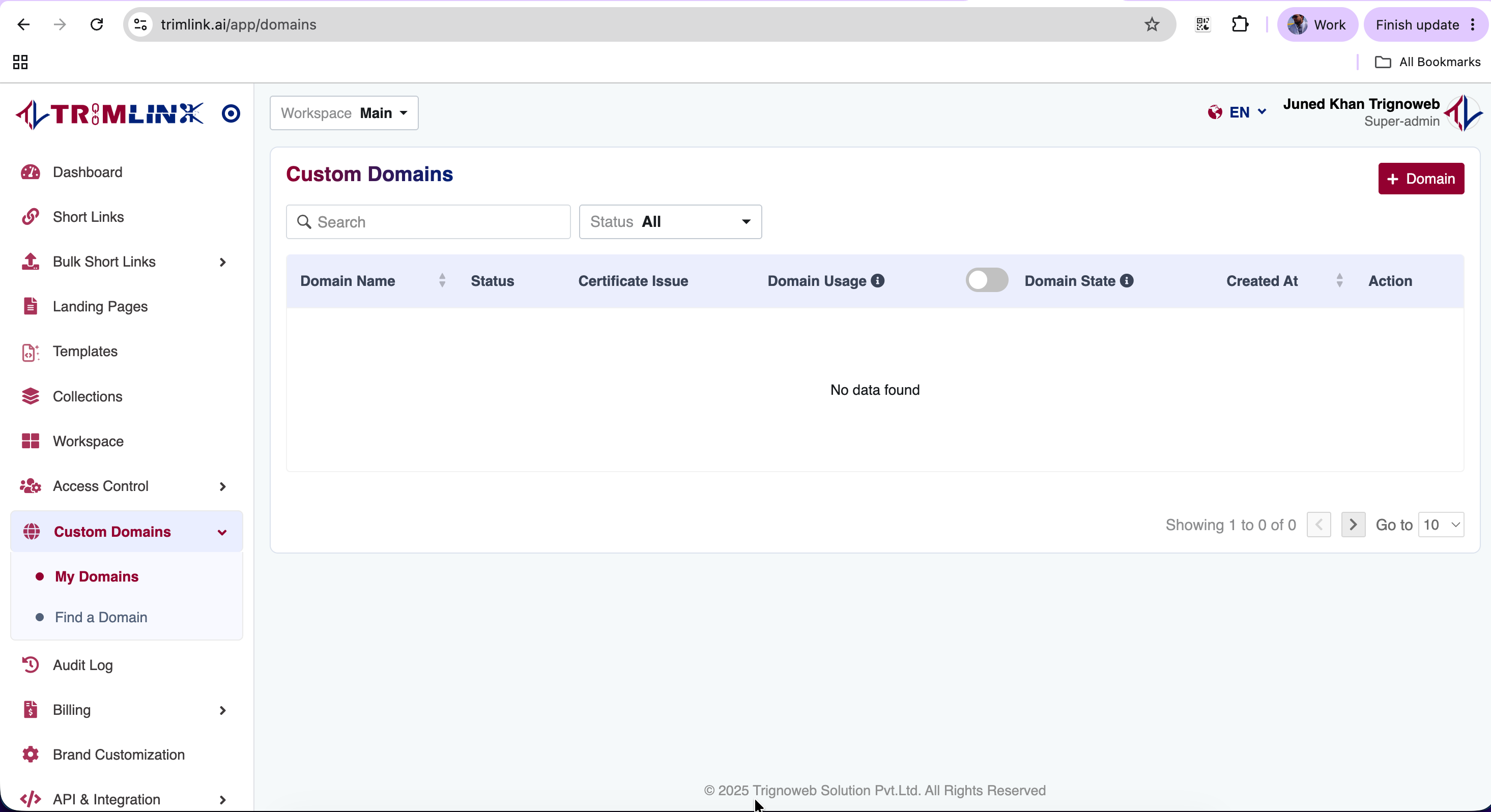 Trimlink Domain List Dashboard