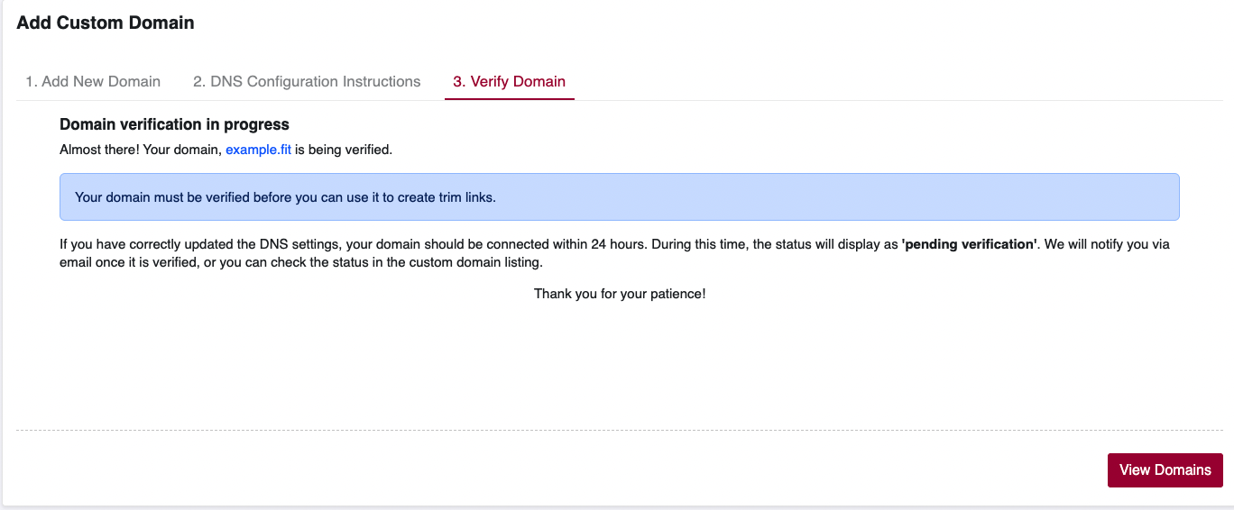 Domain Verification Pending Screen