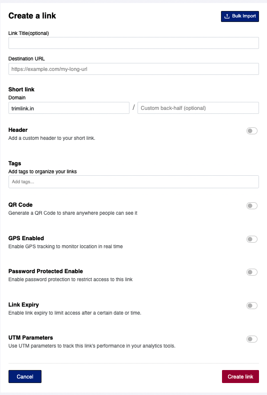 Create Link Form Preview